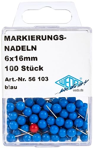 WEDO 56103 Markierungsnadeln Rundkopfnadeln, Nadellänge 16 mm, Kopfdurchmesser 6 mm, 100 Stück, Blau von WEDO