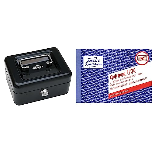 Wedo 145121X Geldkassette schwarz & AVERY Zweckform 1735 Quittungsblock (A6 quer, 2x40 Blatt, mit Durchschlag, fälschungssicher, separat ausgewiesene MwSt., für Deutschland und Österreich) weiß/gelb von WEDO