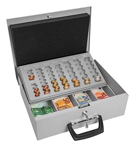 Wedo 150100837 Geldzählkassette Universa (aus Stahlblech, für Hart- und Papiergeld, mit zwei Tragegriffen und 4-Fächereinsatz für Geldscheine, 35,5 x 27,5 x 10 cm) lichtgrau von WEDO