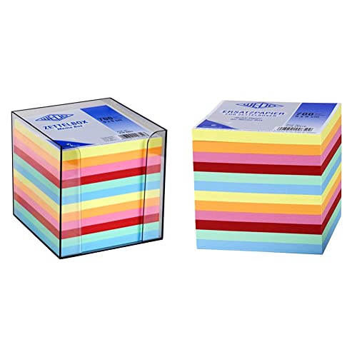 Wedo 2702651 Zettelbox Kunststoff (9 x 9 cm, rauchglas gefüllt, circa 700 Blatt, 6 farbig) & 27026510 Ersatzpapier (für Zettelbox, 9 x 9 cm, 700 Blatt, farbig) von WEDO