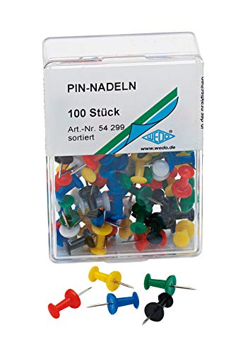 Wedo 54299 Pinnadeln Diabolo-Form, Länge 2,3 cm, Kopfdurchmesser 9 mm, Nadellänge 1,1 cm, 100 Stück in Klarsichtdose, farbig sortiert von WEDO