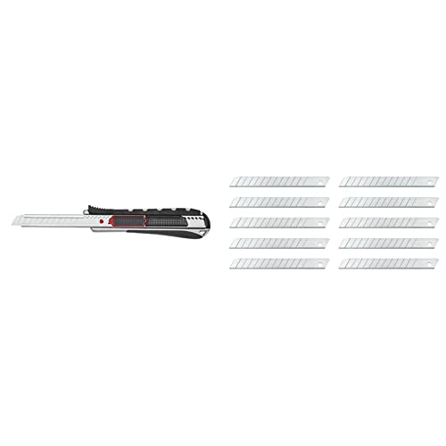 Wedo 787009 Safety Cutter 2-in-1, 9 mm, automatischer Klingenrückzug, silber/schwarz & Wedo 789 Ersatzklingen Abbrechklingen (für handelsübliche Cutter, Carbonstahl, 9 mm, Etui) 10 Stück, silber von WEDO