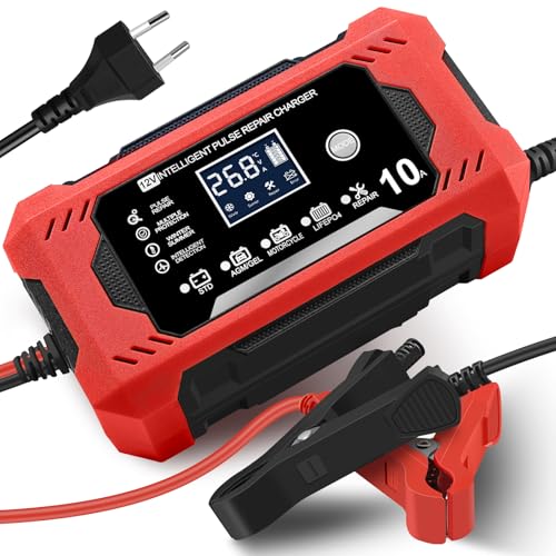 Batterieladegerät 12V, 10A Batterie Ladegerät Auto, KFZ Ladegerät, Ladegerät Motorradbatterie, LCD-Bildschirm, Vollautomatisch Intelligent Geeignet für Auto Motorrad LKW Rasenmäher von WEHOOM