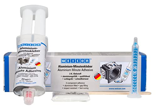WEICON Aluminium-Minutenkleber Set 24 ml, schnellhärtender 2-Komponenten Epoxid-Klebstoff, hochfester Aluminiumkleber, mit Mischdüse & Holzspatel von WEICON
