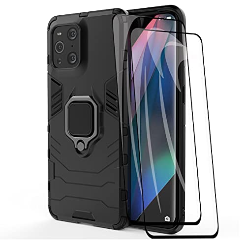 WEIOU Hülle für Oppo Find X3 Pro + 2 Panzerglas Schutzfolie, TPU/PC Stoßfest Handyhülle mit 360 ° Drehung Fingerring Stände, Silikon Bumper Schutzhülle, Schwarz von WEIOU