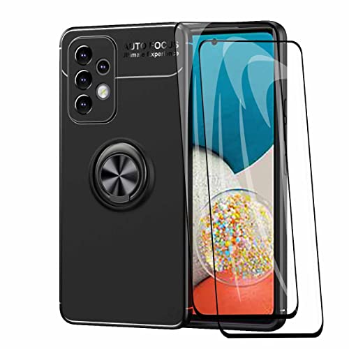 WEIOU Hülle für Samsung Galaxy A33 5G + 2 Panzerglas, TPU Silikon Stoßfest Handyhülle mit 360 ° Drehung Fingerring Stände, Soft Bumper Schutzhülle Case Cover, schwarz+schwarz von WEIOU