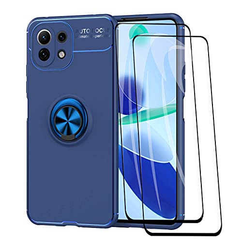 WEIOU Hülle für Xiaomi Mi 11 Lite (5G/4G) / 11 Lite 5G NE + 2 Panzerglas, TPU Silikon Stoßfest Handyhülle mit 360 ° Drehung Fingerring Stände, Soft Bumper Schutzhülle Case Cover, blau+blau von WEIOU