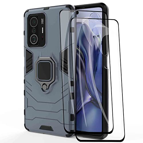 WEIOU Hülle für Xiaomi Mi 11T 5G / Xiaomi Mi 11T Pro 5G + 2 Panzerglas Schutzfolie, TPU/PC Stoßfest Handyhülle mit 360 ° Drehung Fingerring Stände, Silikon Bumper Schutzhülle, Blau von WEIOU