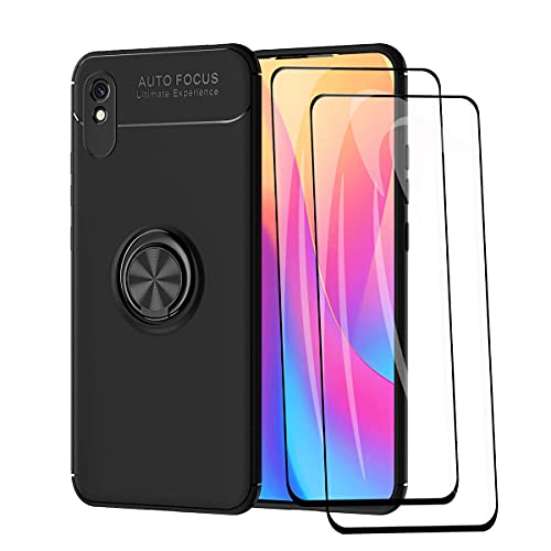 WEIOU Hülle für Xiaomi Redmi 9AT | Redmi 9A + 2 Panzerglas, TPU Silikon Stoßfest Handyhülle mit 360 ° Drehung Fingerring Stände, Soft Bumper Schutzhülle Case Cover, schwarz+schwarz von WEIOU