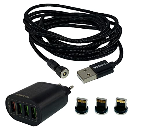 WELDINGER Set 4-Fach Ladegerät kompatibel mit iPhone Smartphone magnetisches USB-Kabel Länge 2,0 m + 3X magnetischer Gerätestecker (textilumhüllt, knickbare Steckeraufnahme) von WELDINGER