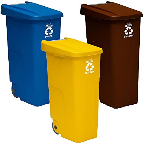 Recyclingpaket Wellhome Recycle Container 110 Liter geschlossen: 330 Liter insgesamt, in 3 Behältern, in den Farben blau/gelb/braun. von WELL HOME MOBILIARIO & DECORACIÓN
