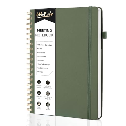 WEMATE 200 Seiten Meeting-Notizbuch für die Arbeit mit Maßnahmen, Bürobedarf für Besprechungsplaner, Besprechungsagenda-Aufzeichnungs-Spiralnotizbuch, B5 (26 × 18 cm) - Olivgrün von WEMATE