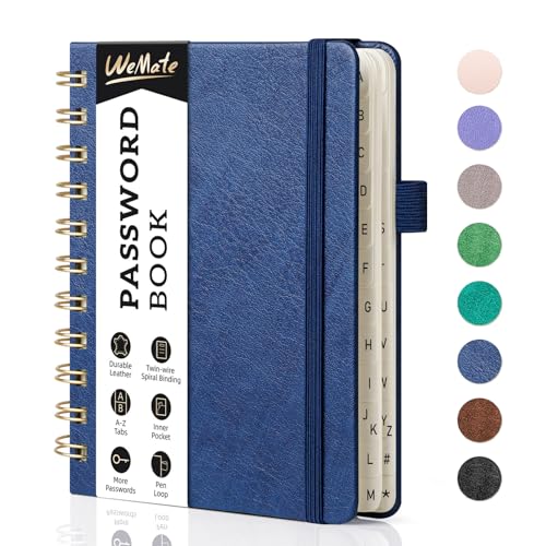 WEMATE Passwortbuch mit alphabetischen Registerkarten, Spiralbuch für Senioren, Internet-Passwort-Notizbuch, Passwort-Journal, Logbuch, Logbuch, klein, 11,9 x 15,2 cm (4,7 x 6 Zoll), Marineblau von WEMATE