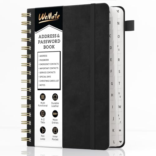 WEMATE Spiral Address Book with Alphabetical Tabs, Leather Password Book, Address Organizer, Phone Notebook, Diary, Keep Contacts Safe, Hardcover, Large Print, for Seniors, Home Office, 5.8″×8.2″ von WEMATE