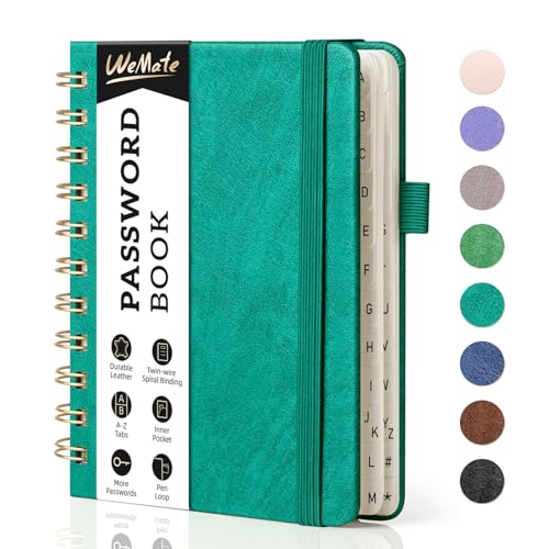 WEMATE Spiral-Passwortbuch mit alphabetischen Registerkarten, kleines Passwortbuch für Senioren, Internet-Passwort-Notizbuch, Hardcover, Passwort, Tagebuch, Logbuch, 11,9 x 15,2 cm (4,7 x 6 Zoll), von WEMATE