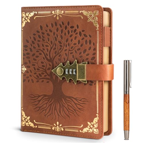 WEMATE Tagebuch mit Schloss und Geschenkbox, A5, 260 Seiten, nachfüllbar, Hardcover Passwort Notizbuch, Vintage Lock Journal, Mädchen, Männer, Studenten, 21,8 x 14,7 cm,(braun) von WEMATE