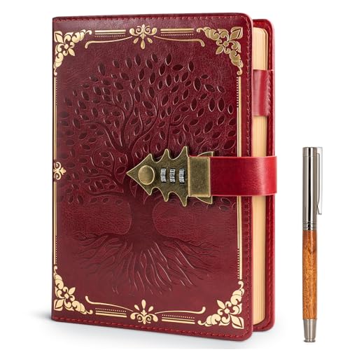 WEMATE Tagebuch mit Schloss und Geschenkbox, A5, 260 Seiten, nachfüllbar, Hardcover Passwort Notizbuch, Vintage Lock Journal, Mädchen, Männer, Studenten, 21,8 x 14,7 cm (Rot) von WEMATE
