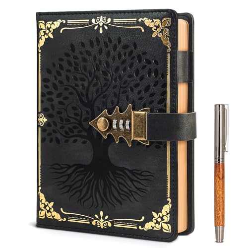 WEMATE Tagebuch mit Schloss und Geschenkbox, A5, 260 Seiten, nachfüllbar, Hardcover Passwort Notizbuch, Vintage Lock Journal, Mädchen, Männer, Studenten, 21,8 x 14,7 cm (Schwarz) von WEMATE