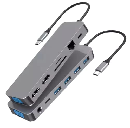 13 in 1 USB Typ C Hub Multiport Adapter Dongle Dockingstation Aluminium Dock HDMI 4K, RJ45 Gigabit Ethernet,VGA, USB C 100W Laden/Daten, 3,5 Aux, 4 USB 3.0, SD/TF-Lesegerät,Thunderbolt für USB C-Gerät von WENIVO