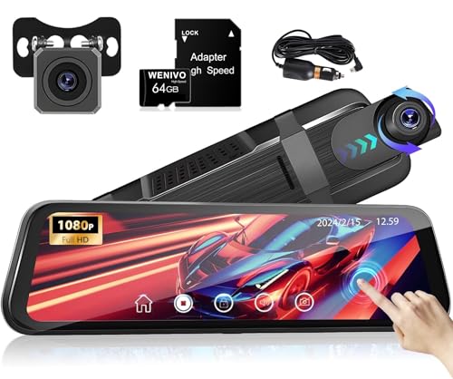 2 in 1 vorne und hinten, 25,4 cm (10 Zoll), HD-Touchscreen, 1080p, Spiegel-Dashcam, Rückfahrkamera, Sicherheitskamera, Dashcam, Van, Videorekorder, Weitwinkel, Bewegungserkennung, G-Sensor, von WENIVO