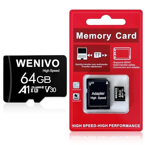 64 GB Micro-SD-Speicherkarte mit SD-Adapter U3 C10 High Speed Flash TF-Karte UHS-I MicroSDXC A1, V30, UHS-I, HD, 4K Video Pro, GoPro High Speed für Smartphone, Sicherheitskamera, Drohne, DashCam von WENIVO