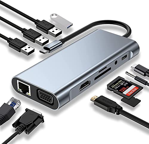 USB-C-HUB, Dockingstation 11-in-1 USB-C Adapter-Dongle mit 4K-HDMI, VGA, USB 3.0-Anschluss, Typ-C-PD-Aufladung, RJ45-Ethernet, SD/TF-Kartenleser, 3,5 AUX, kompatibel mit MacBook Pro/Luft,Typ-C-Gerät von WENIVO
