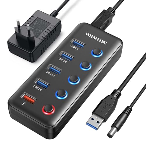 HUB USB 3.0 externer Powered USB-Hub, 5 Ports (4 Datenübertragungsanschlüsse + 1 intelligenter Ladeanschluss) LED und Active Switch mit 15 W Netzteil für PC, Win, Mac von WENTER