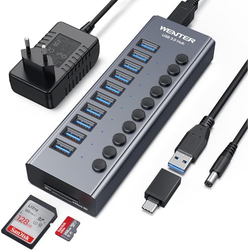 Wenter USB-3.0-Hub, 10 Anschlüsse, 36 W betriebener USB-Hub, Aluminium-USB-Splitter mit individuellen An-/Aus-Schaltern, SD/TF-Kartenleser und 12 V/3 A Netzadapter für PC/Laptops/MacBook von WENTER