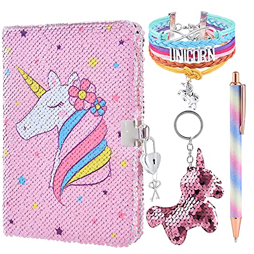 Einhorn Notizbuch Set – Wende Pailletten Journal Tagebuch Notizblock für Kinder DIN A5 liniert Fester Einband Journal Kugelschreiber Armband Schlüsselanhänger für Kinder Geschenk von WERNNSAI