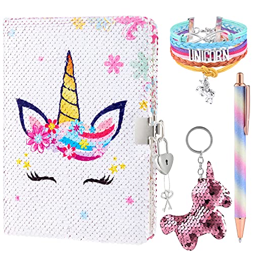 Einhorn Pailletten Notizbuch Set - Regenbogen Einhorn Tagebuch für Mädchen mit Schlössern Schlüssel Gelstift Armband Schlüsselanhänger Wendbar Funkelnd A5 Journal für Reisen Schule Büro Notizblock von WERNNSAI