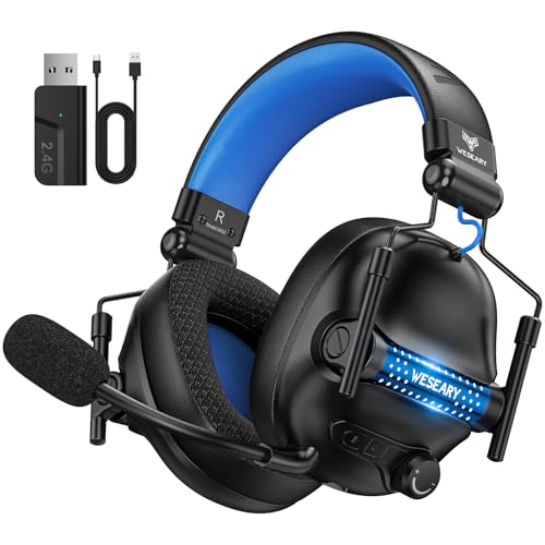 WESEARY Bluetooth Kopfhörer, 2,4G Wireless Gaming Headset mit Mikrofon für PS5, PS4, PC, Switch, Mac, Faltbarer Surround Sound Noise Cancelling mit LED Licht, Über 50 Stunden Akkulaufzeit von WESEARY