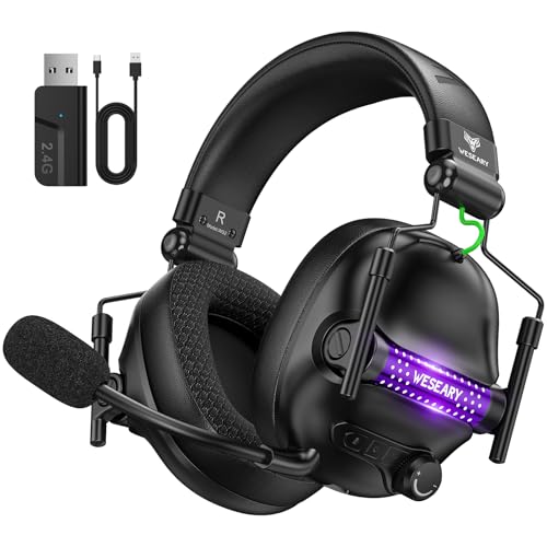 WESEARY Bluetooth Kopfhörer, 2,4G Wireless Gaming Headset mit Mikrofon für PS5, PS4, PC, Switch, Mac, Faltbarer Surround Sound Noise Cancelling mit LED Licht, Über 50 Stunden Akkulaufzeit von WESEARY