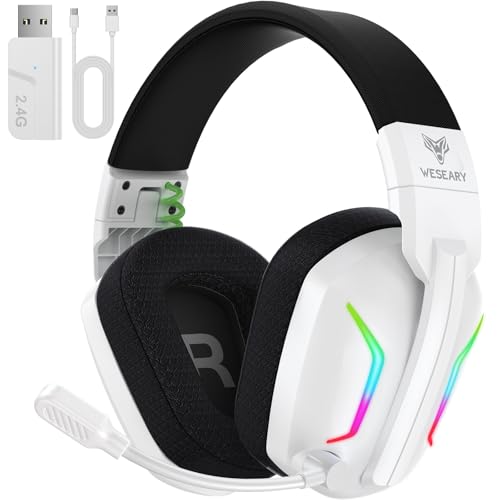 WESEARY WG1 Bluetooth Headset, 2,4G Gaming Headset Wireless mit Mikrofon für PS5, PS4, PC, Mac, Faltbarer Surround Sound Noise Cancelling Kopfhörer mit LED Licht, Über 50 Stunden Akkulaufzeit von WESEARY