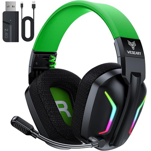 WESEARY WG1 Bluetooth Headset, 2,4G Gaming Headset Wireless mit Mikrofon für PS5, PS4, PC, Mac, Faltbarer Surround Sound Noise Cancelling Kopfhörer mit LED Licht, Über 50 Stunden Akkulaufzeit von WESEARY