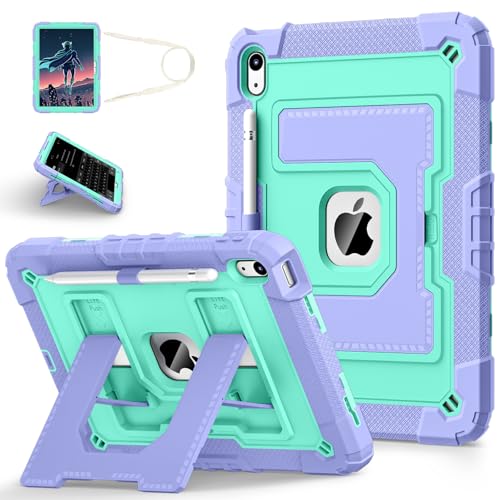 WESOROL CASE Kinderfreundliche iPad-Hülle für iPad 11 Zoll (A16) 11. / 10. Generation 10,9 Zoll (10,9 Zoll), mit Schultergurt, strapazierfähig, stoßfest, Violett / Grün von WESOROL CASE