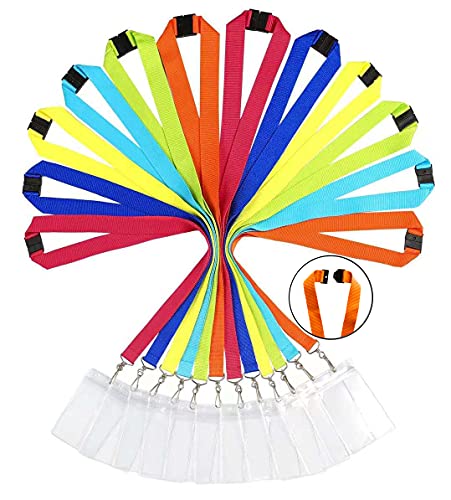 Packung mit 12 strapazierfähigen Polyester Lanyards mit Sicherheitsverschluss & wasserdichten transparenten Kartenhaltern, 6 Farben sortiert+Kartenhaltern, von WEZEBEL