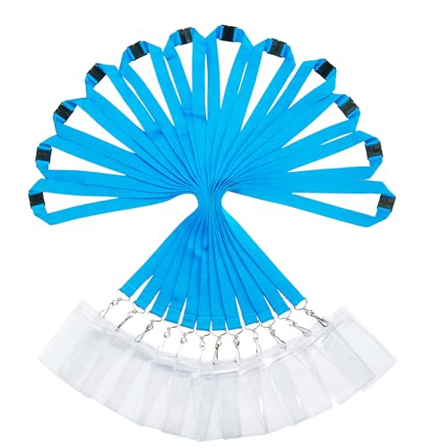 Packung mit 12 strapazierfähigen Polyester Lanyards mit Sicherheitsverschluss & wasserdichten transparenten Kartenhaltern - Verfügbar in Regenbogen-Mix & einfarbigen Farben, Himmelblau+Kartenhaltern von WEZEBEL