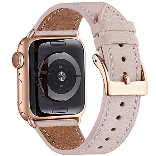 WFEAGL Kompatibel für Apple Watch Armband 40mm 38mm 42mm 44mm,Lederband mit Edelstahl-Verschluss Kompatibel für Serie 5 Serie 4/3/2/1(38mm 40mm, Rosa Sand+rosé Gold Quadratische Schnalle) von WFEAGL
