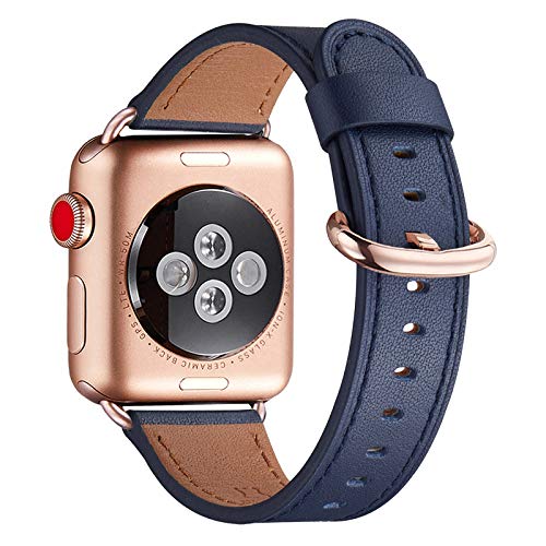 WFEAGL Kompatibel für Apple Watch Armband 40mm 41mm 38mm,Lederband Ersatzband für Herren Damen Kompatibel für iWatch Series 10/9/8/7/6/5/4/3/2/1,SE(38mm 40mm 41mm, Dunkelblau+Roségold Adapter) von WFEAGL