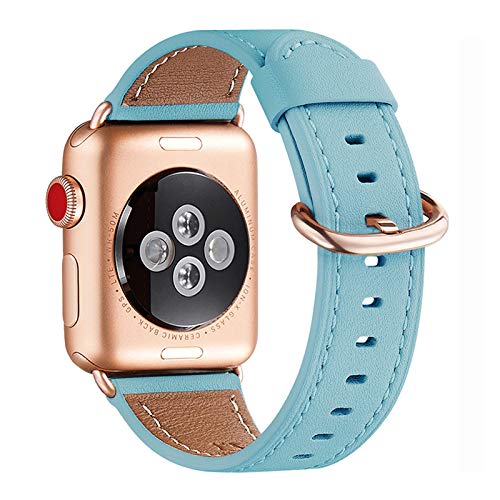WFEAGL Kompatibel für Apple Watch Armband 40mm 41mm 38mm,Lederband Ersatzband für Herren Damen Kompatibel für iWatch Series 9/8/7/6/5/4/3/2/1,SE(38mm 40mm 41mm, Hell Blau+Rosegold Adapter) von WFEAGL