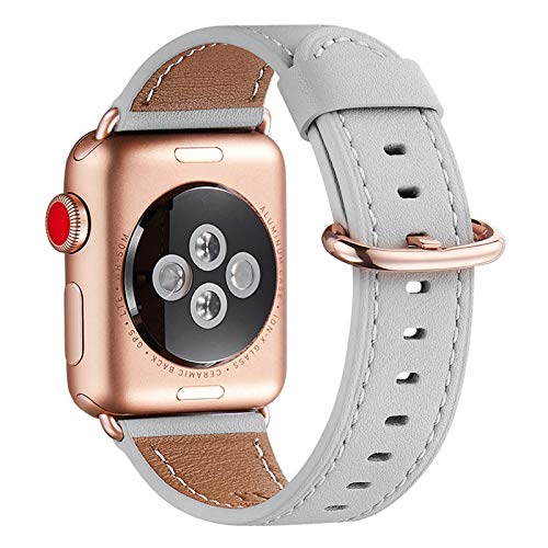 WFEAGL Kompatibel für Apple Watch Armband 40mm 41mm 38mm,Lederband Ersatzband für Herren Damen Kompatibel für iWatch Series 9/8/7/6/5/4/3/2/1,SE(38mm 40mm 41mm, Hell Grau+rosé Gold Adapter) von WFEAGL