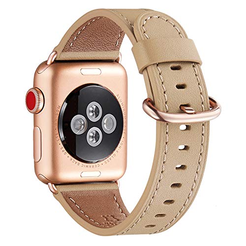 WFEAGL Kompatibel für Apple Watch Armband 40mm 41mm 38mm,Lederband Ersatzband für Herren Damen Kompatibel für iWatch Series 9/8/7/6/5/4/3/2/1,SE(38mm 40mm 41mm, Kamel+Roségold Adapter) von WFEAGL