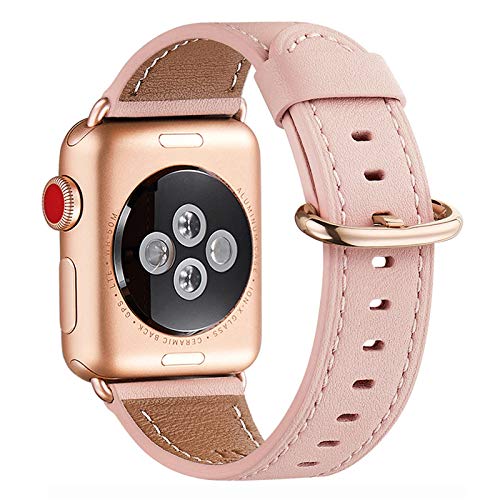 WFEAGL Kompatibel für Apple Watch Armband 40mm 41mm 38mm,Lederband Ersatzband für Herren Damen Kompatibel für iWatch Series 10/9/8/7/6/5/4/3/2/1,SE(38mm 40mm 41mm, Rosa+Roségold Adapter) von WFEAGL