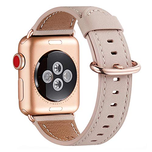 WFEAGL Kompatibel für Apple Watch Armband 40mm 41mm 38mm,Lederband Ersatzband für Herren Damen Kompatibel für iWatch Series 9/8/7/6/5/4/3/2/1,SE(38mm 40mm 41mm, Rosa Sand+Rosé Gold Adapter) von WFEAGL