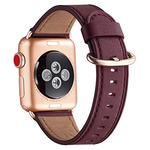 WFEAGL Kompatibel für Apple Watch Armband 40mm 41mm 38mm,Lederband Ersatzband für Herren Damen Kompatibel für iWatch Series 10/9/8/7/6/5/4/3/2/1,SE(38mm 40mm 41mm, Wein+Roségold Adapter) von WFEAGL
