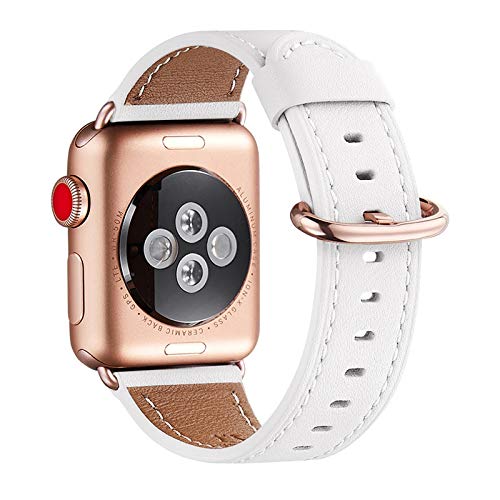 WFEAGL Kompatibel für Apple Watch Armband 40mm 41mm 38mm,Lederband Ersatzband für Herren Damen Kompatibel für iWatch Series 10/9/8/7/6/5/4/3/2/1,SE(38mm 40mm 41mm, Weiße+Roségold Adapter) von WFEAGL