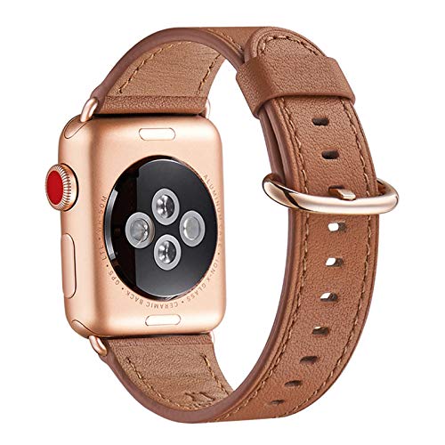 WFEAGL Kompatibel für Apple Watch Armband 40mm 41mm 38mm,Lederband Ersatzband für Herren Damen Kompatibel für iWatch Series 9/8/7/6/5/4/3/2/1,SE(38mm 40mm 41mm,Braun+Roségold Adapter) von WFEAGL