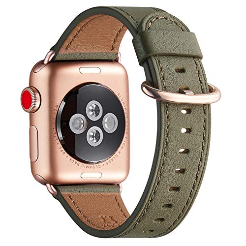 WFEAGL Kompatibel für Apple Watch Armband 40mm 41mm 38mm,Lederband Ersatzband für Herren Damen Kompatibel für iWatch Series 9/8/7/6/5/4/3/2/1,SE(38mm 40mm 41mm,Olivgrün+Roségold Adapter) von WFEAGL