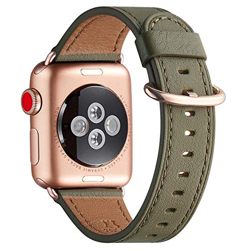 WFEAGL Kompatibel für Apple Watch Armband 40mm 41mm 38mm,Lederband Ersatzband für Herren Damen Kompatibel für iWatch Series 10/9/8/7/6/5/4/3/2/1,SE(38mm 40mm 41mm,Olivgrün+Roségold Adapter) von WFEAGL