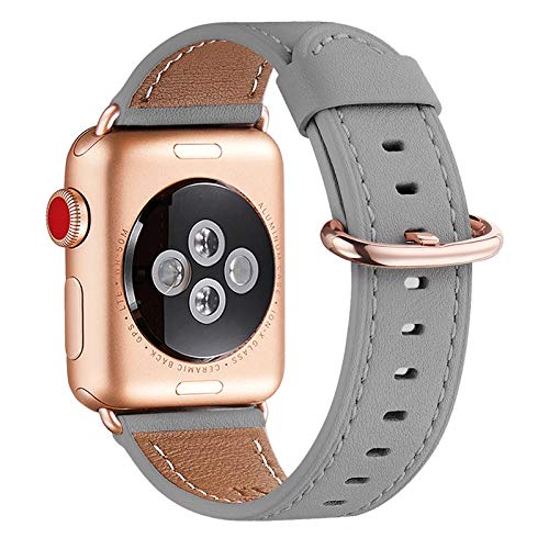 WFEAGL Kompatibel für Apple Watch Armband 44mm 45mm 49mm 42mm,Lederband Ersatzband für Herren Damen Kompatibel für iWatch Ultra Series 9/8/7/6/5/4/3/2/1,SE(42mm 44mm 45mm, Grau+rosé Gold Adapter) von WFEAGL